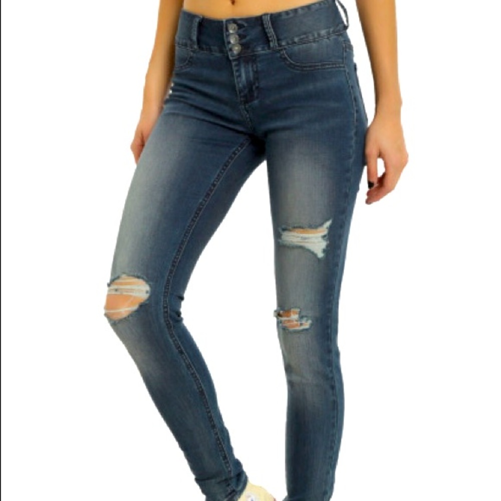 HOT TOPIC Super Skinny Blackheart Distressed Jeans (Size 3) - Blue Wash